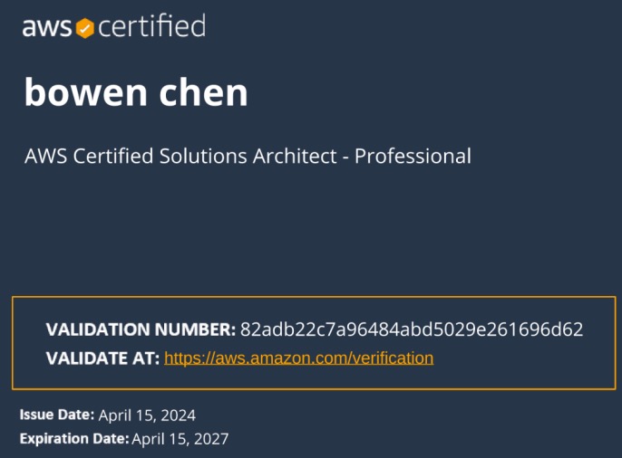 bowen chen - AWS Certified Solutions Architect - Professional