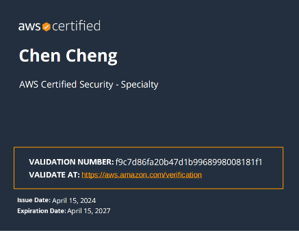 Chen Cheng - AWS Certified Security - Specialty