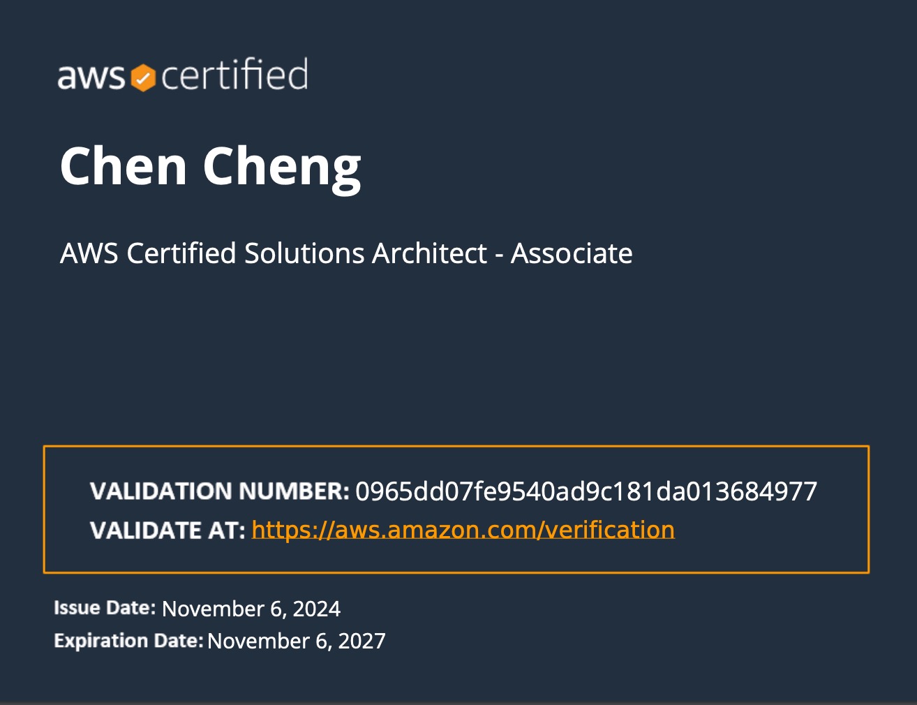 Chen Cheng - AWS Certified Solutions Architect - Associate