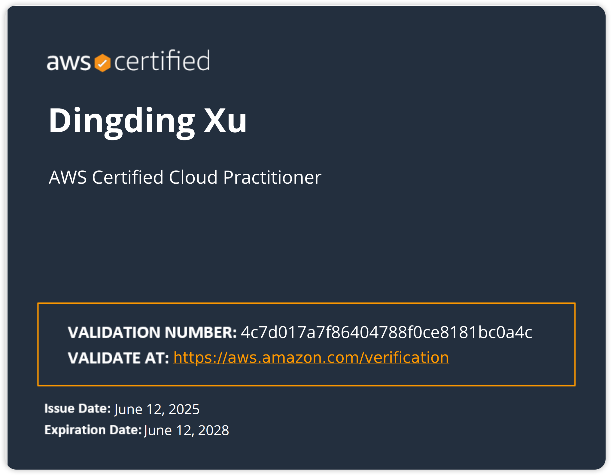 Dingding Xu - AWS Certified Cloud Practitioner