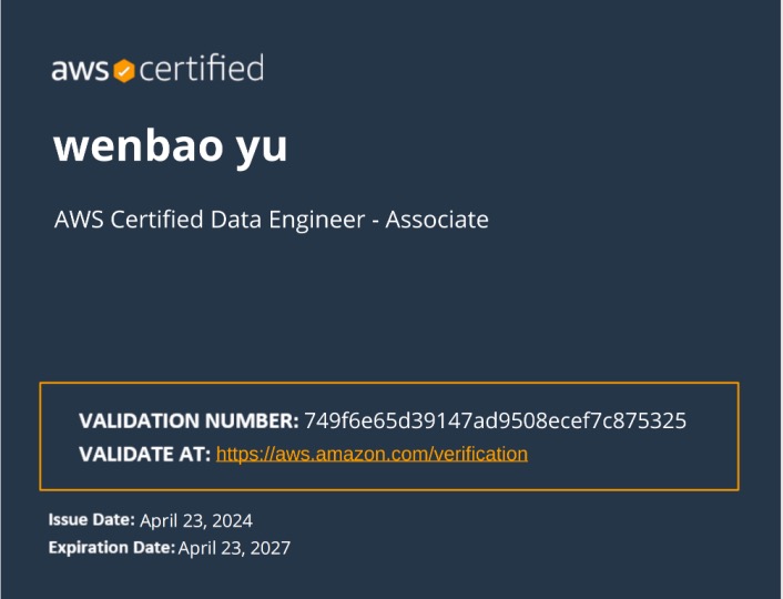 wenbao yu - AWS Certified Data Engineer - Associate
